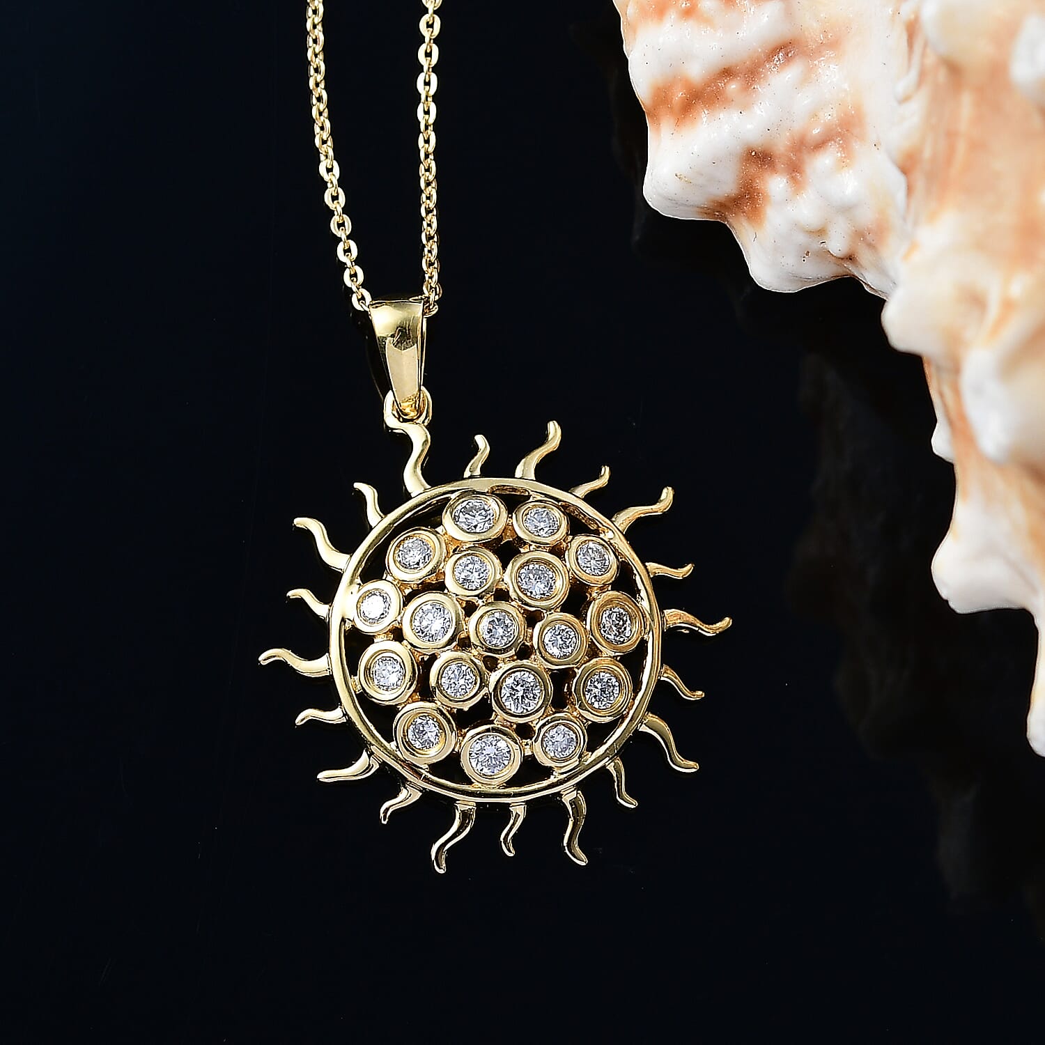 GP Celestial Collection - Lab Grown Diamond (SI-G-H) & Blue Sapphire Pendant with Chain (Size - 20) in 18K Vermeil Yellow Gold Plated Sterling Silver