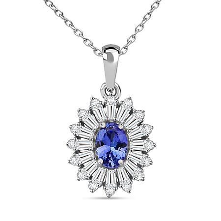 Tanzanite and Moissanite Pendant with Chain (Size - 20) in Rhodium Overlay Sterling Silver