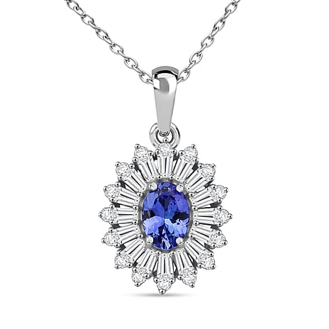 Tanzanite & Moissanite Pendant with Chain (Size - 20) in Rhodium Overlay Sterling Silver 1.23 Ct.