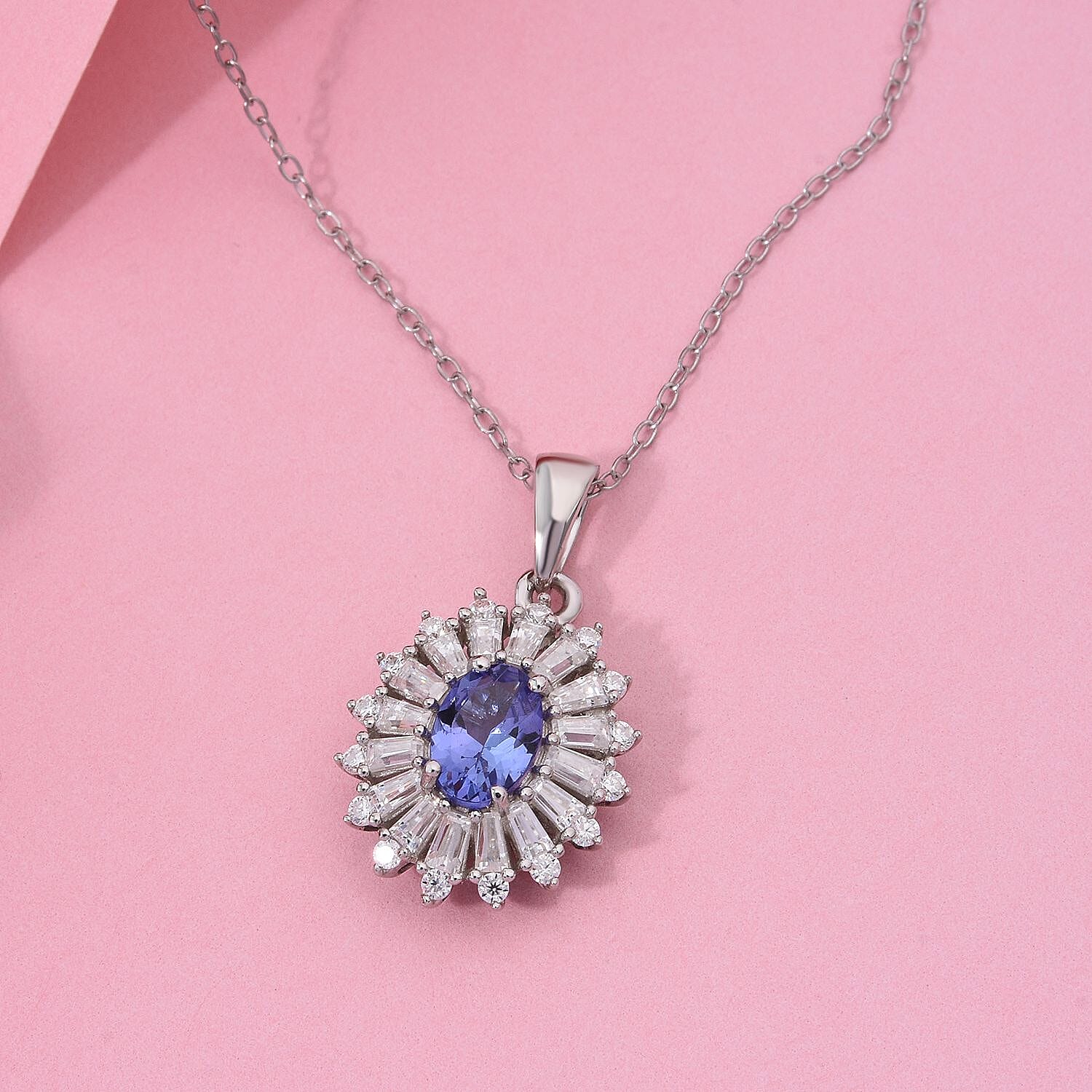 Tanzanite & Moissanite Pendant with Chain (Size - 20) in Rhodium Overlay Sterling Silver 1.23 Ct.