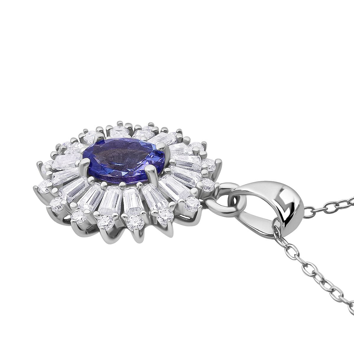 Tanzanite & Moissanite Pendant with Chain (Size - 20) in Rhodium Overlay Sterling Silver 1.23 Ct.