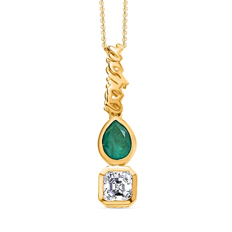 GP - Art Deco Emeraldine Quartz, Moissanite & Blue Sapphire Pendant with Chain (Size - 20) in 18K Vermeil Yellow Gold Plated Sterling Silver 2.80 Ct.