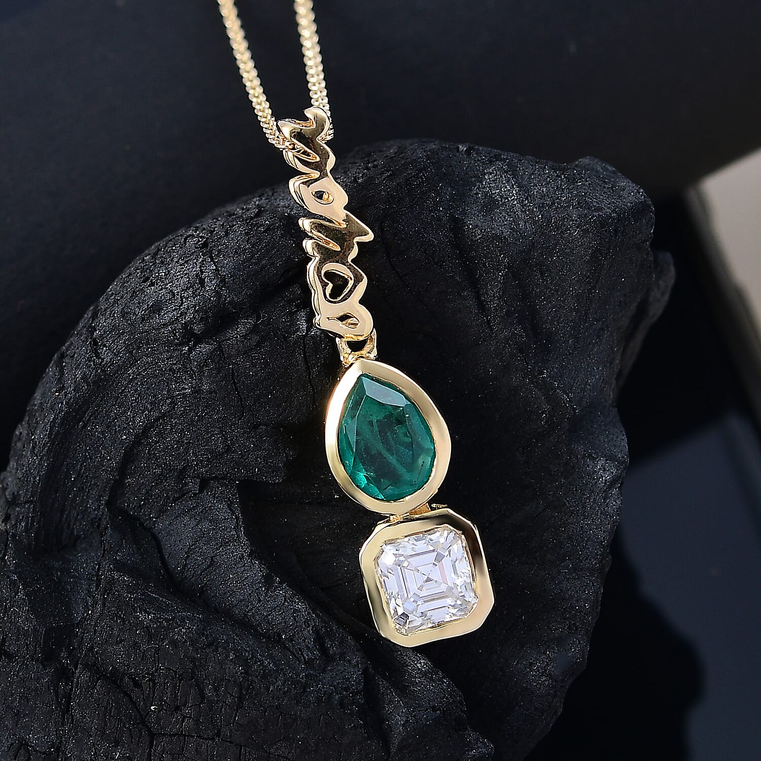 GP - Art Deco Emeraldine Quartz, Moissanite & Blue Sapphire Pendant with Chain (Size - 20) in 18K Vermeil Yellow Gold Plated Sterling Silver 2.80 Ct.