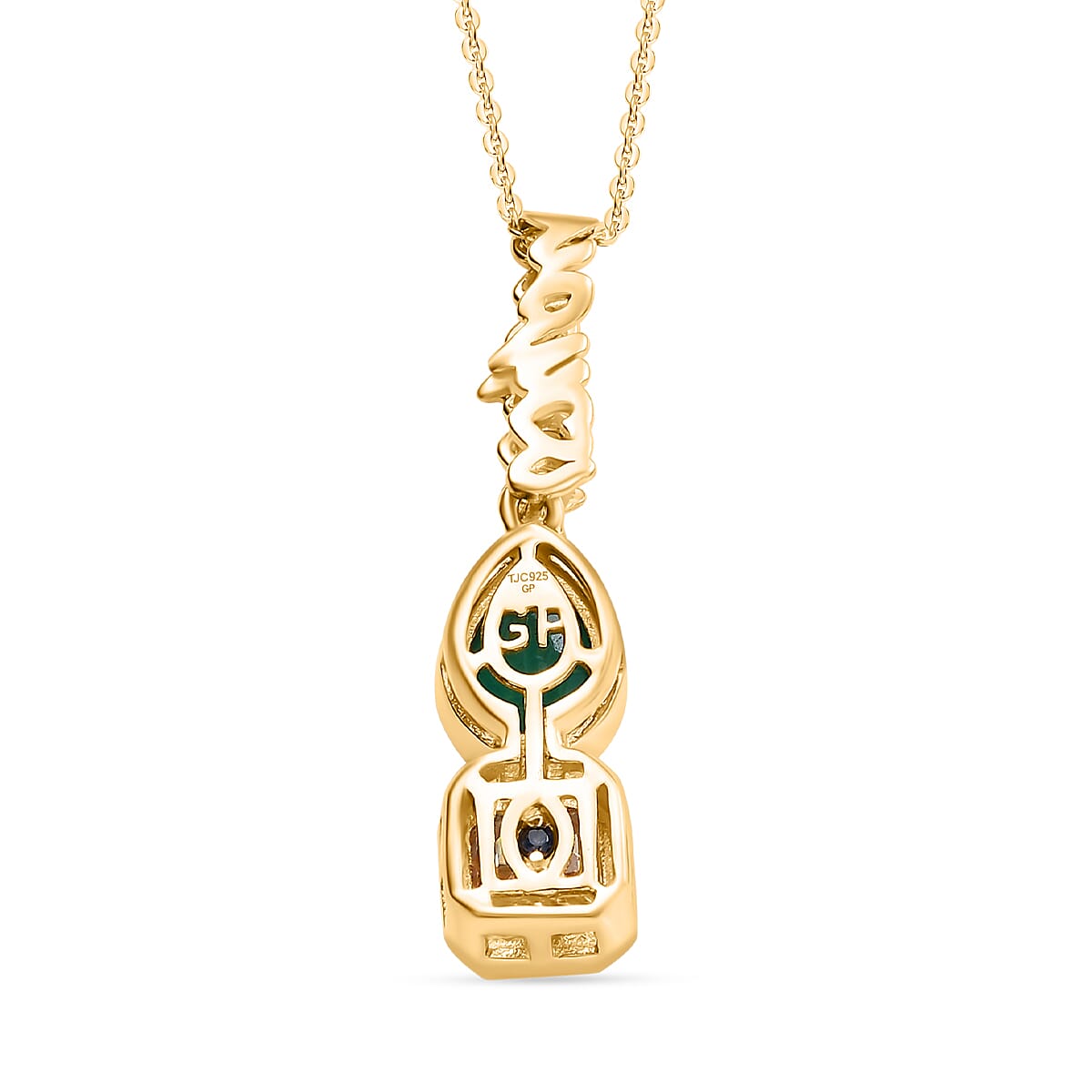 GP - Art Deco Emeraldine Quartz, Moissanite & Blue Sapphire Pendant with Chain (Size - 20) in 18K Vermeil Yellow Gold Plated Sterling Silver 2.80 Ct.