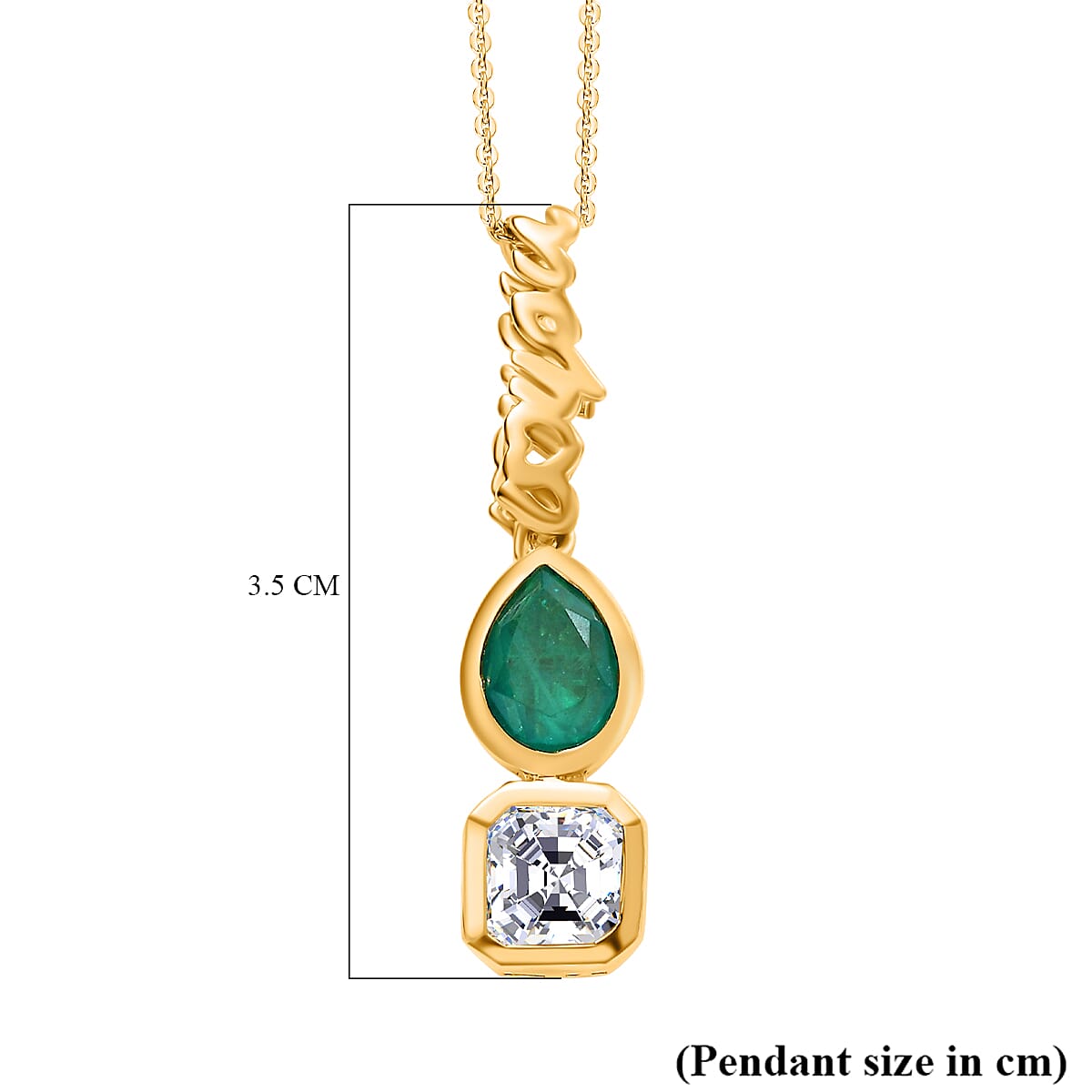 GP - Art Deco Emeraldine Quartz, Moissanite & Blue Sapphire Pendant with Chain (Size - 20) in 18K Vermeil Yellow Gold Plated Sterling Silver 2.80 Ct.
