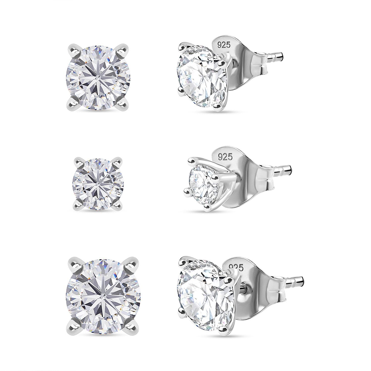Set of 3 - Moissanite Solitaire Stud Push Post Earring with Push Back in Rhodium Overlay Sterling Silver 2.17 Ct.