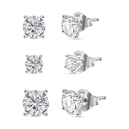 Set of 3 - Moissanite Solitaire Stud Push Post Earrings in Rhodium Overlay Sterling Silver 2.17 Ct. Set of 3 - Moissanite Solitaire Stud Push Post Earrings in Rhodium Overlay Sterling Silver 2.17 Ct.