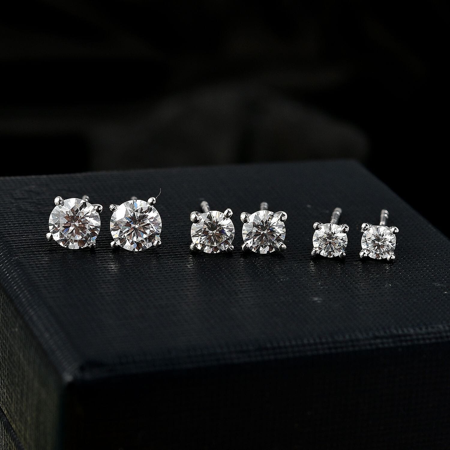 Set of 3 - Moissanite Solitaire Stud Push Post Earring with Push Back in Rhodium Overlay Sterling Silver 2.17 Ct.