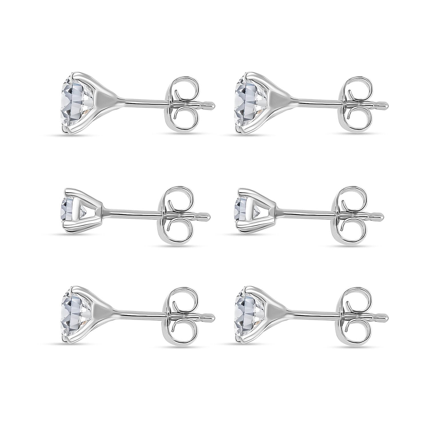Set of 3 - Moissanite Solitaire Stud Push Post Earring with Push Back in Rhodium Overlay Sterling Silver 2.17 Ct.