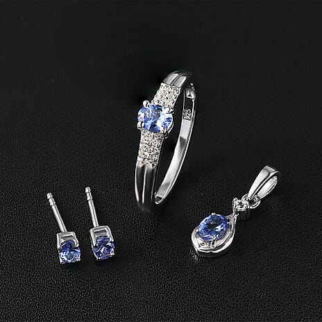 3 Piece Set -  Tanzanite,  White Zircon Earring and Solitaire Pendant and Main Stone With Side Stone Ring in Rhodium Overlay Sterling Silver 0.17 ct  1.310  Ct.