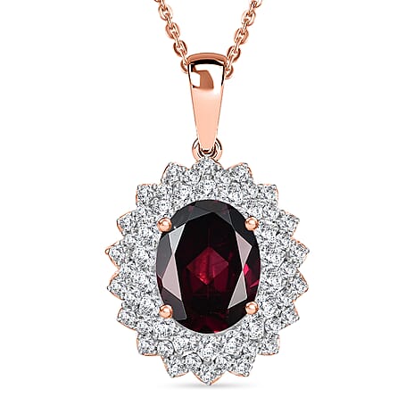 Orissa Natural Rhodolite Garnet & White Zircon Pendant with Chain (Size - 20) in 18K Vermeil Rose Gold Plated Sterling Silver 3.08 Ct.