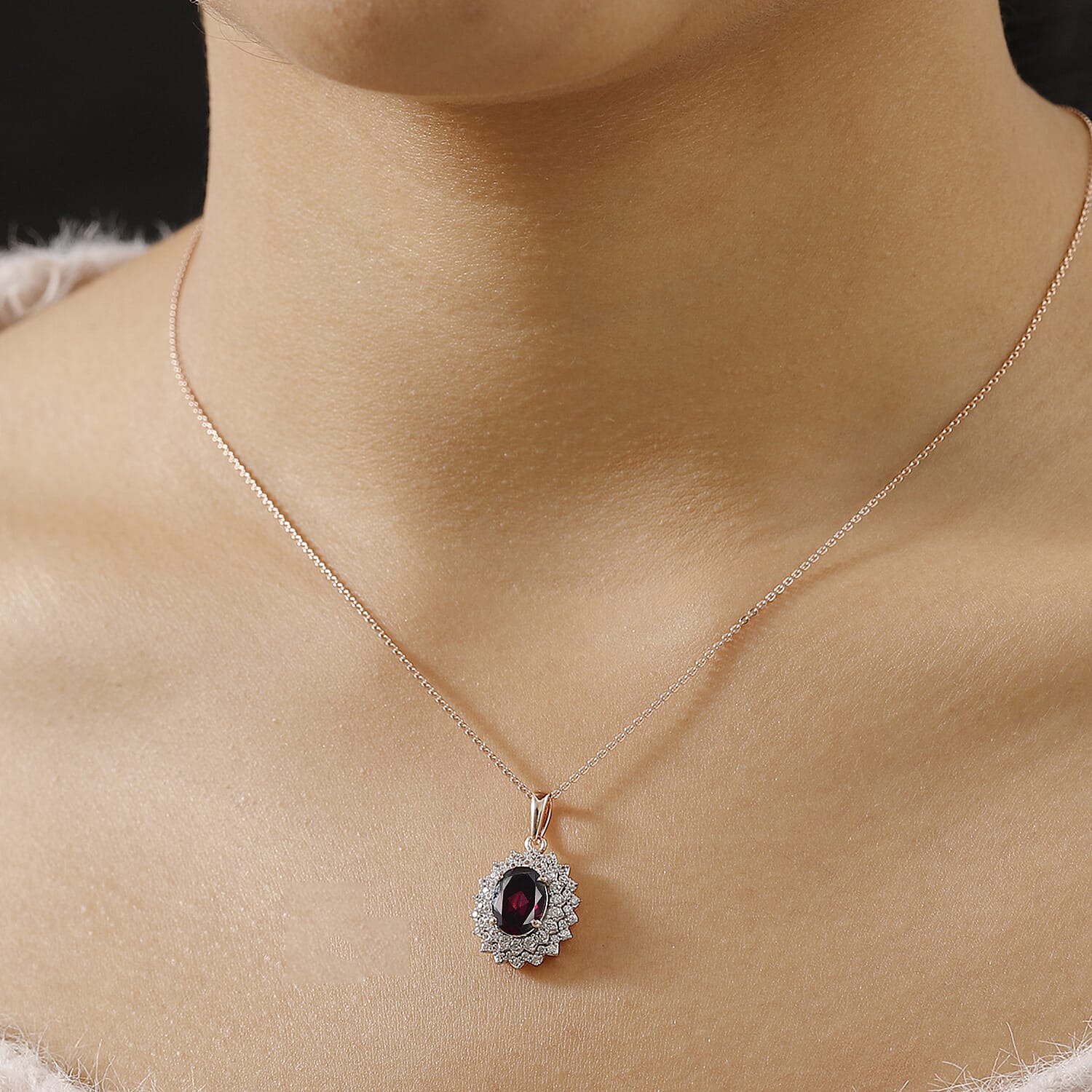 Orissa Natural Rhodolite Garnet & White Zircon Pendant with Chain (Size - 20) in 18K Vermeil Rose Gold Plated Sterling Silver 3.08 Ct.