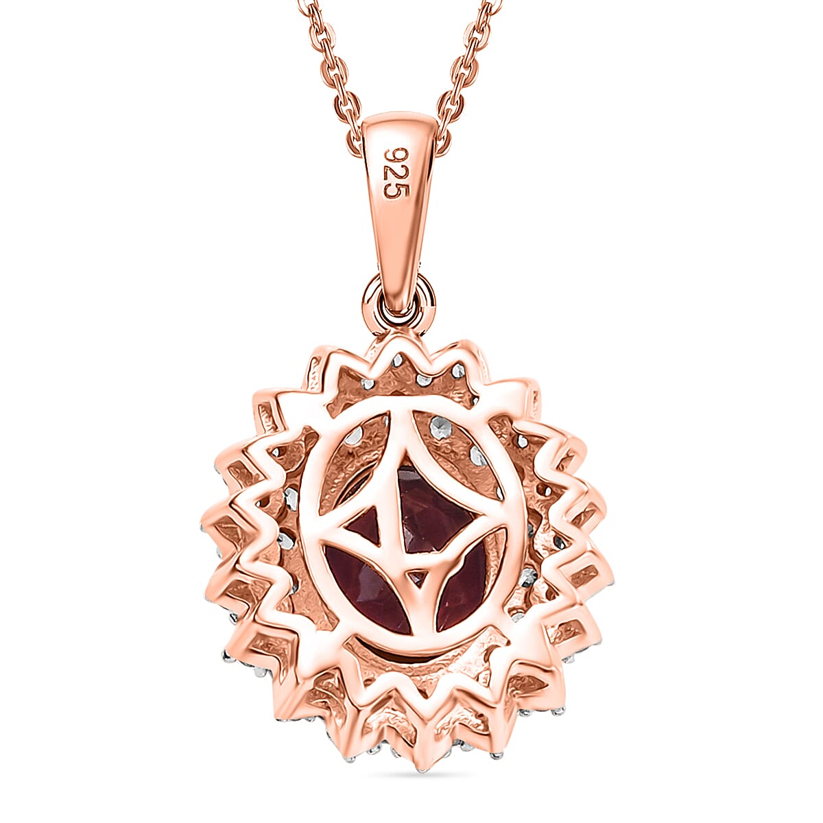 Orissa Natural Rhodolite Garnet & White Zircon Pendant with Chain (Size - 20) in 18K Vermeil Rose Gold Plated Sterling Silver 3.08 Ct.