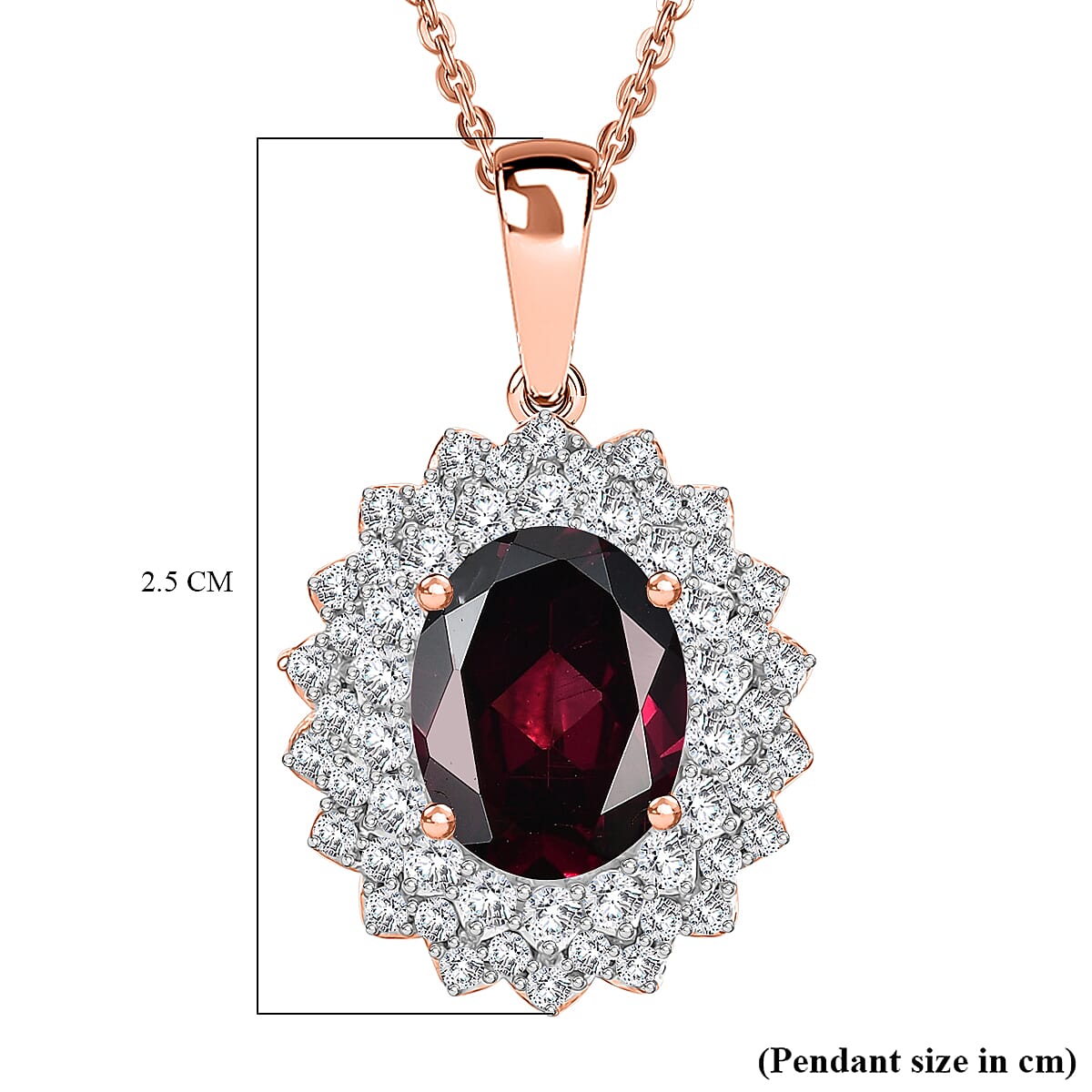 Orissa Natural Rhodolite Garnet & White Zircon Pendant with Chain (Size - 20) in 18K Vermeil Rose Gold Plated Sterling Silver 3.08 Ct.