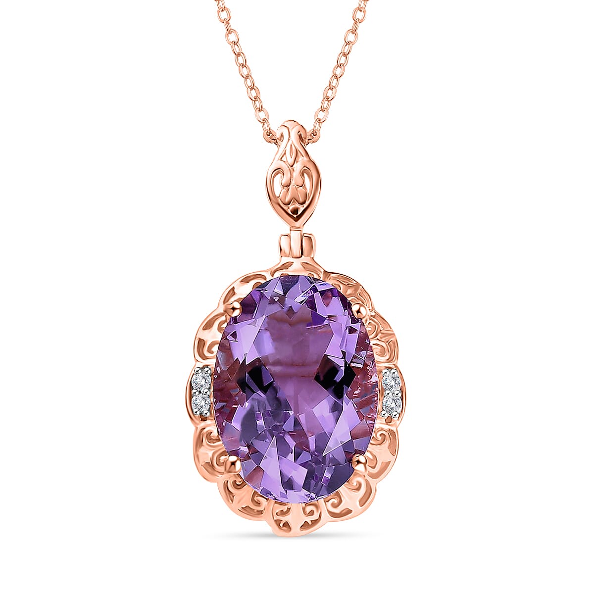 Pink Amethyst & White Zircon Pendant with Chain (Size 20) in 18K Vermeil Rose Gold Plated Sterling Silver 11.62 Ct.