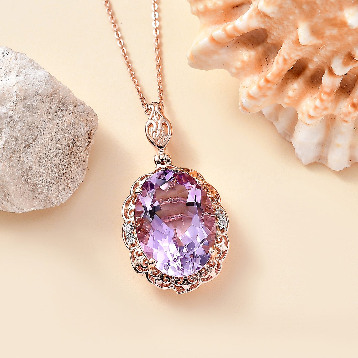 Pink Amethyst & White Zircon Pendant with Chain (Size 20) in 18K Vermeil Rose Gold Plated Sterling Silver 11.62 Ct.