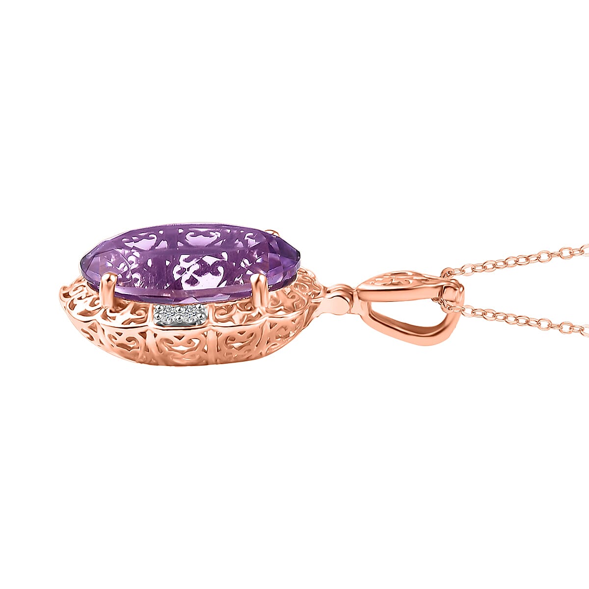 Pink Amethyst & White Zircon Pendant with Chain (Size 20) in 18K Vermeil Rose Gold Plated Sterling Silver 11.62 Ct.
