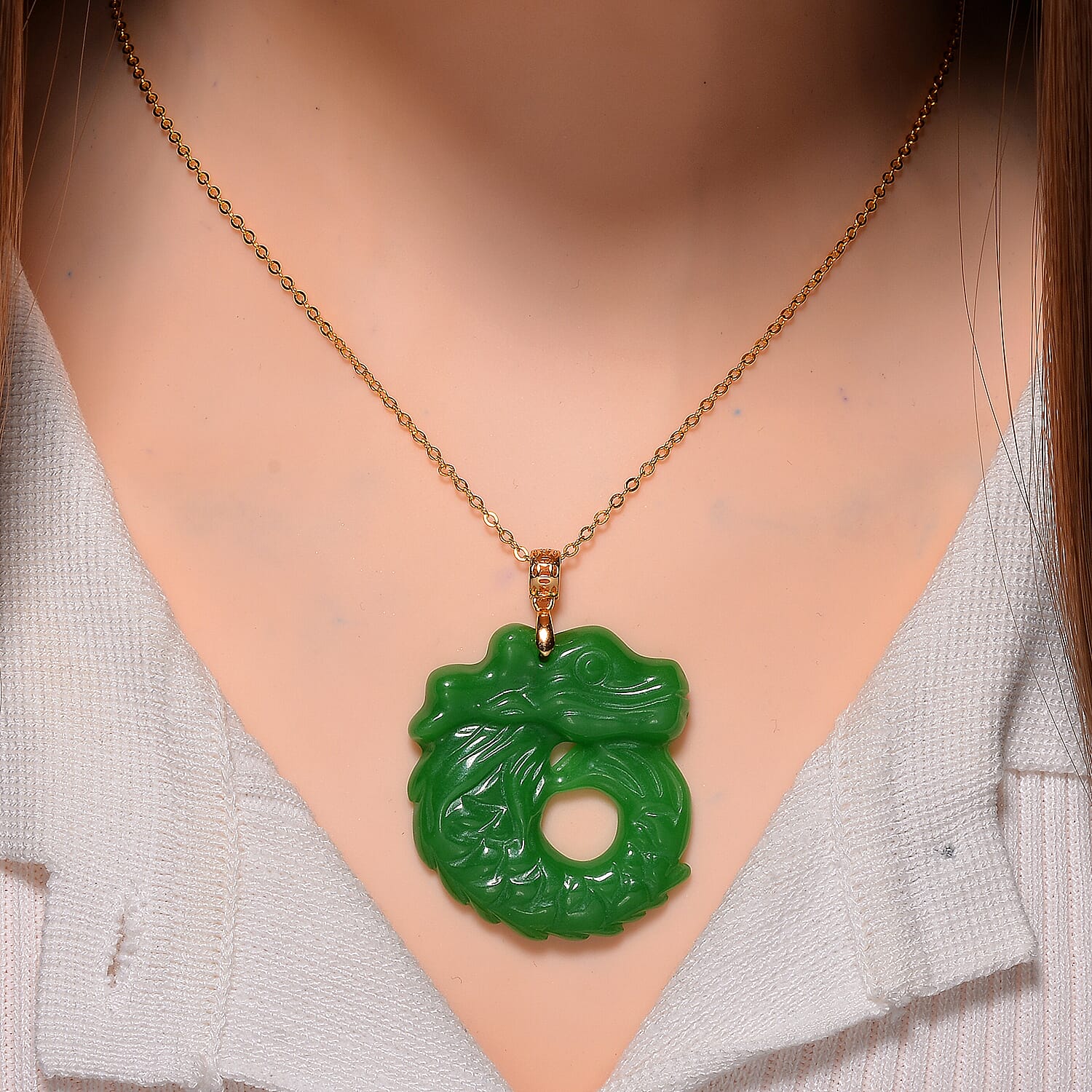 Green Jadeide Dragon Pendant with Chain (Size 20) in Yellow Gold Plated Sterling Silver 60.00 Ct.