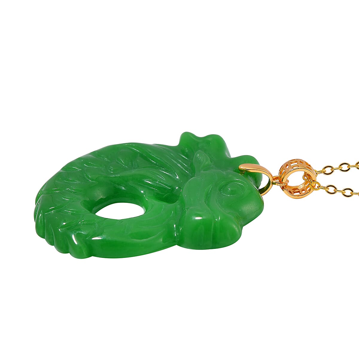 Green Jadeide Dragon Pendant with Chain (Size 20) in Yellow Gold Plated Sterling Silver 60.00 Ct.
