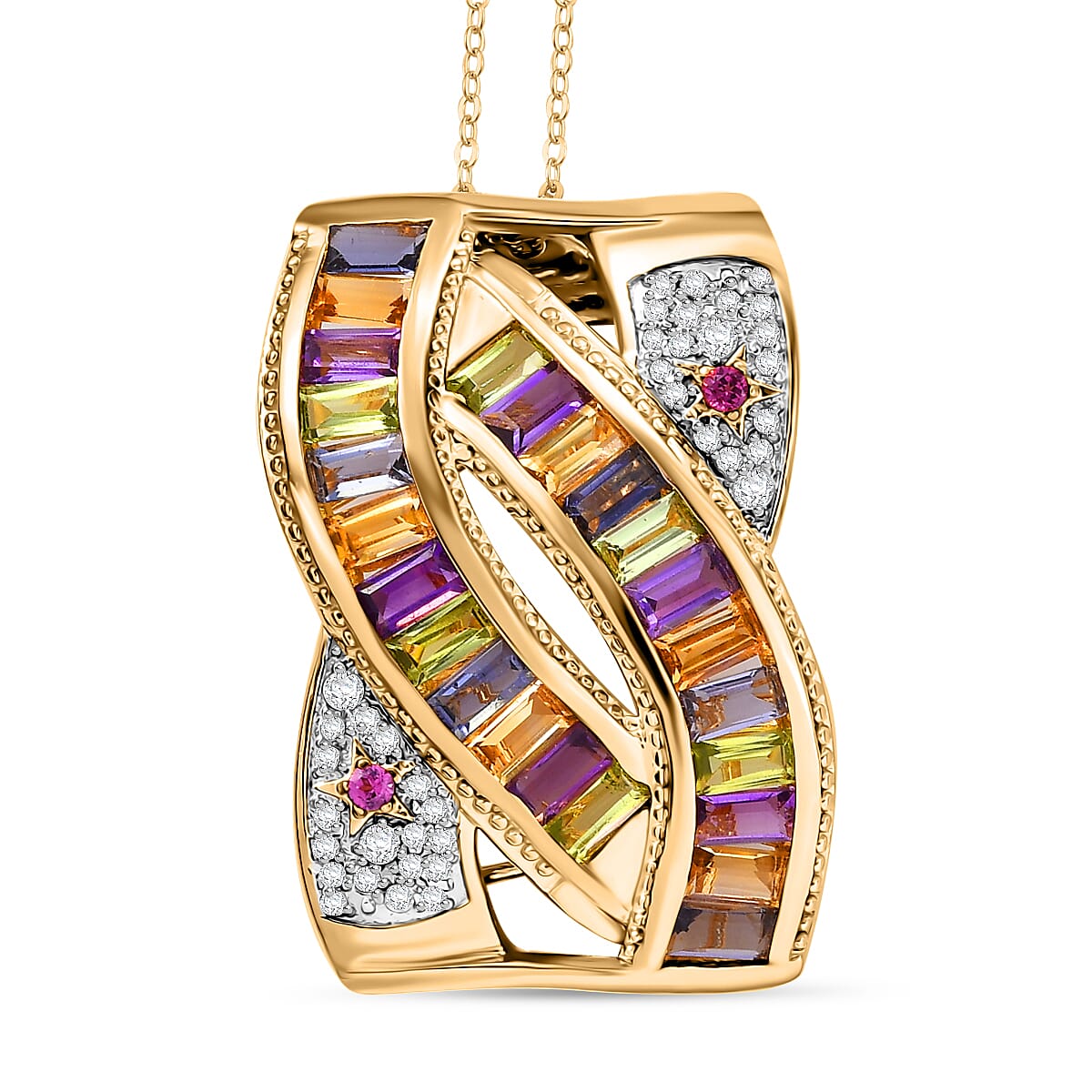 GP Celestial Collection - African Amethyst & Multi Gemstones Pendant with Chain (Size - 20) in 18K Vermeil Yellow Gold Plated Sterling Silver 4.15 Ct, Silver Wt. 10.97 Gms.