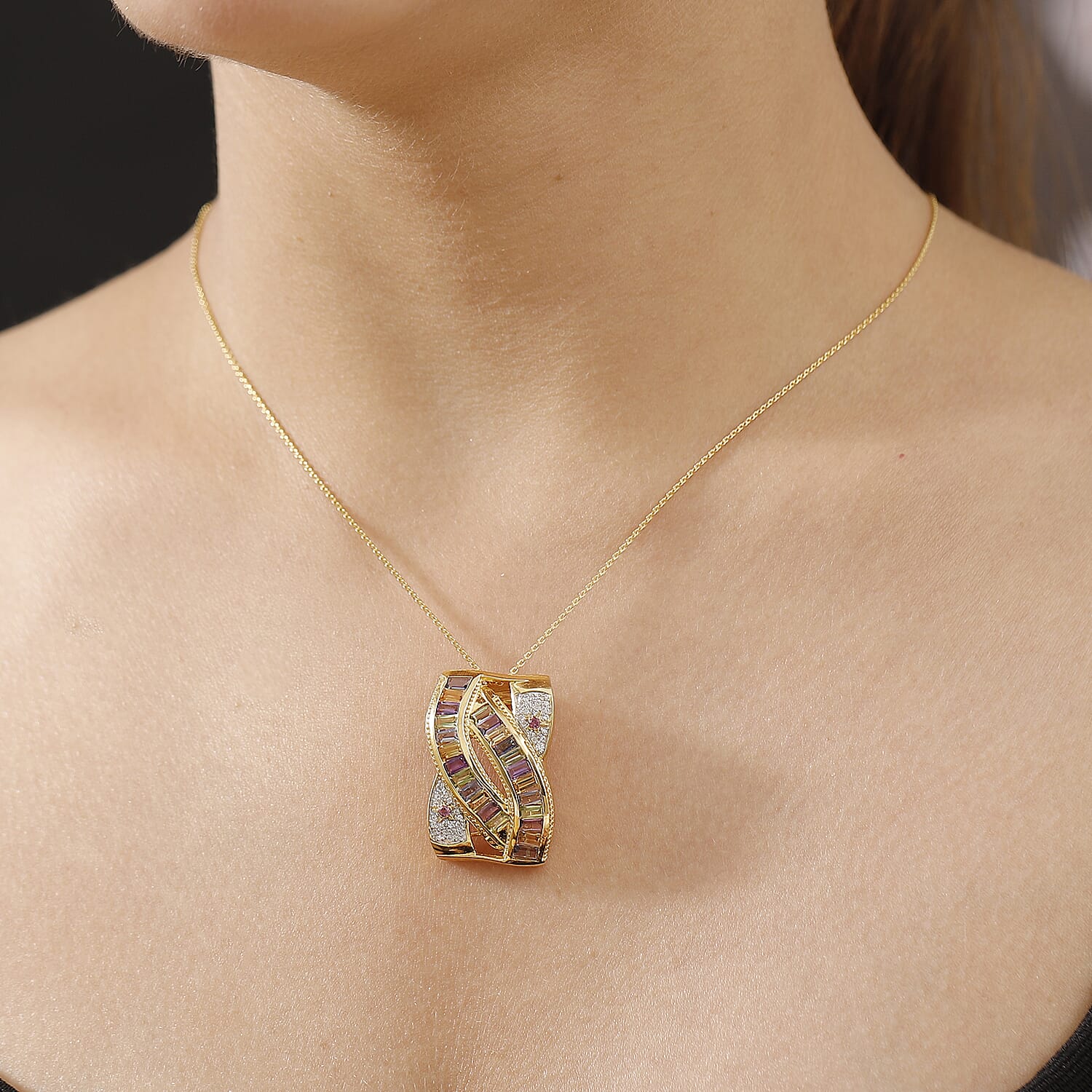 GP Celestial Collection - African Amethyst & Multi Gemstones Pendant with Chain (Size - 20) in 18K Vermeil Yellow Gold Plated Sterling Silver 4.15 Ct, Silver Wt. 10.97 Gms.