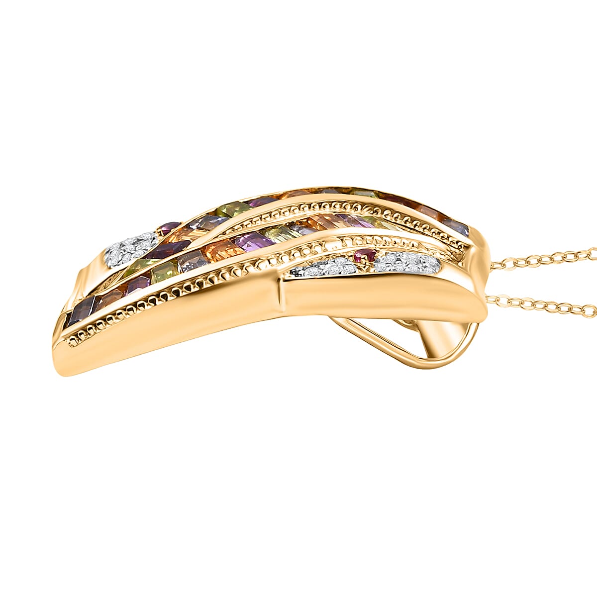 GP Celestial Collection - African Amethyst & Multi Gemstones Pendant with Chain (Size - 20) in 18K Vermeil Yellow Gold Plated Sterling Silver 4.15 Ct, Silver Wt. 10.97 Gms.