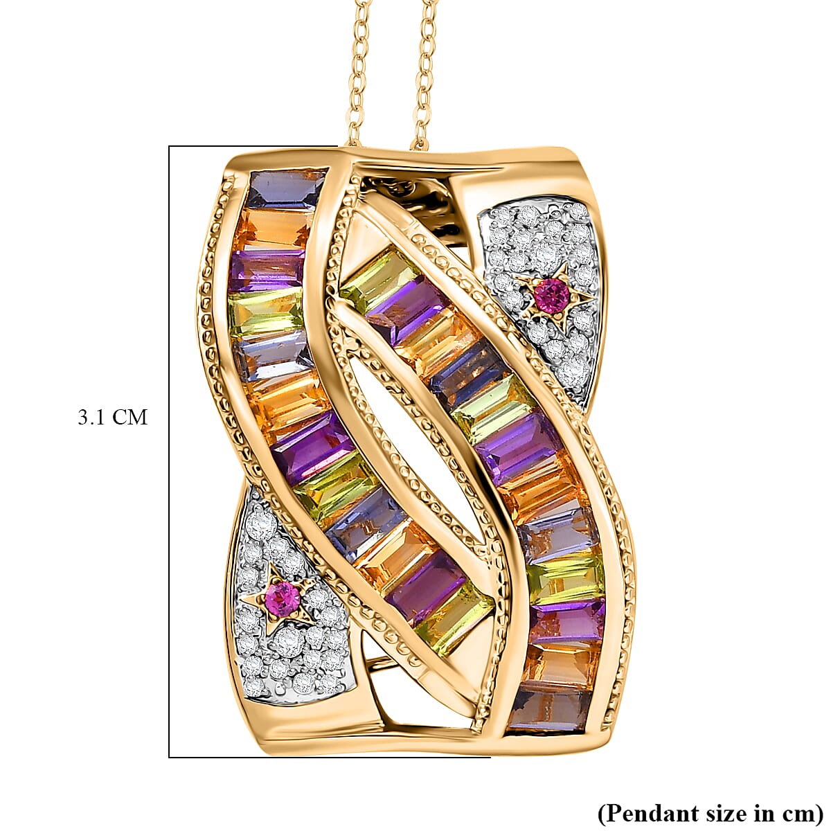 GP Celestial Collection - African Amethyst & Multi Gemstones Pendant with Chain (Size - 20) in 18K Vermeil Yellow Gold Plated Sterling Silver 4.15 Ct, Silver Wt. 10.97 Gms.