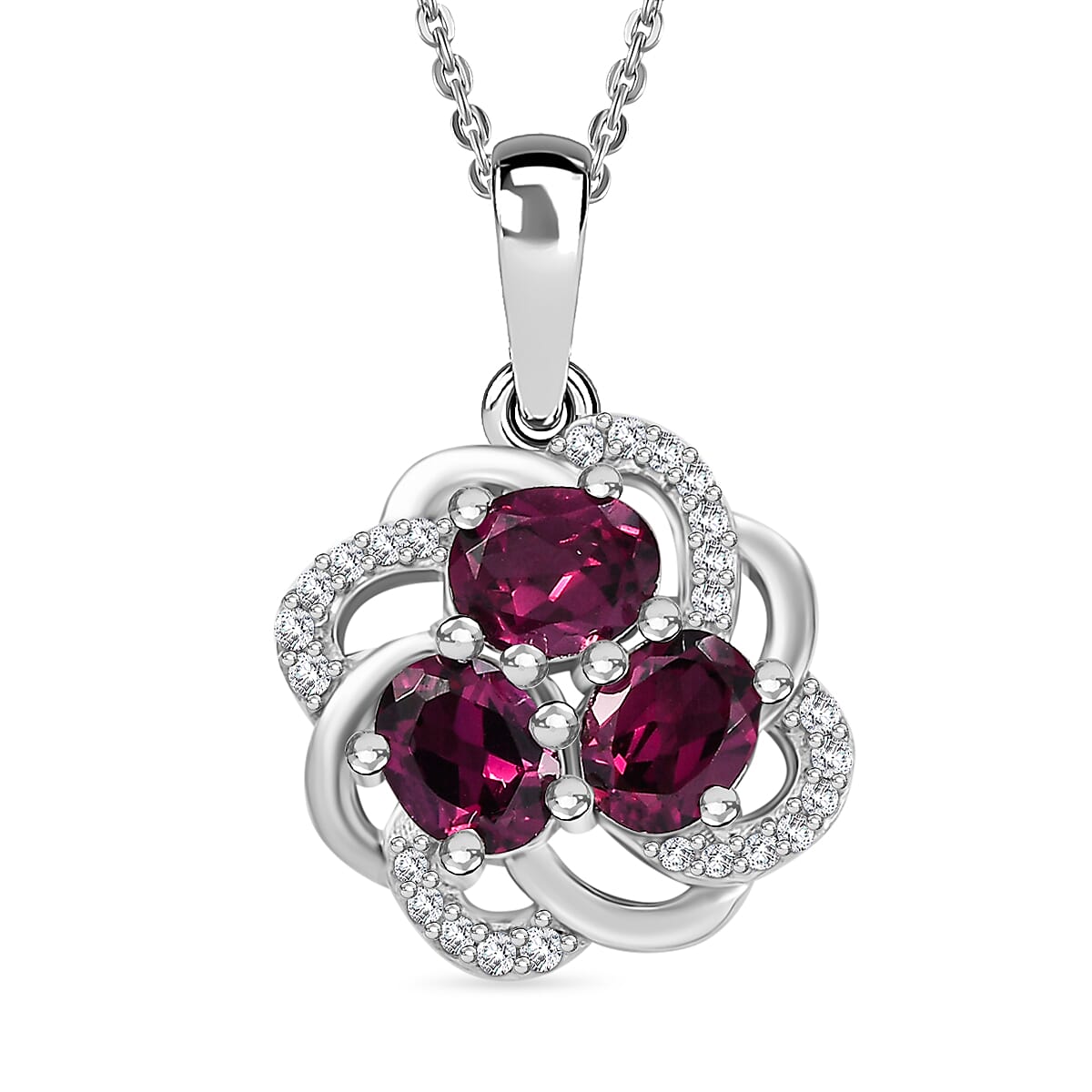 Orissa Natural Rhodolite Garnet & White Zircon Pendant with Chain (Size - 20) in Rhodium Overlay Sterling Silver 1.88 Ct.