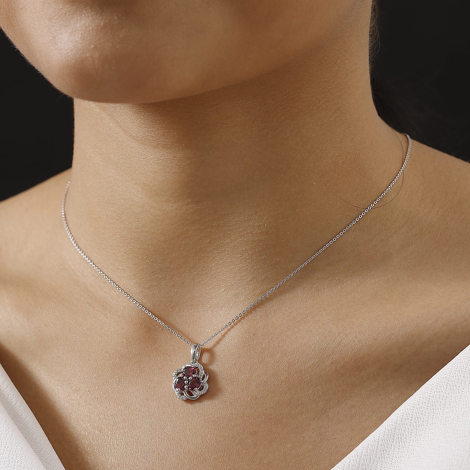 Orissa Natural Rhodolite Garnet & White Zircon Pendant with Chain (Size - 20) in Rhodium Overlay Sterling Silver 1.88 Ct.