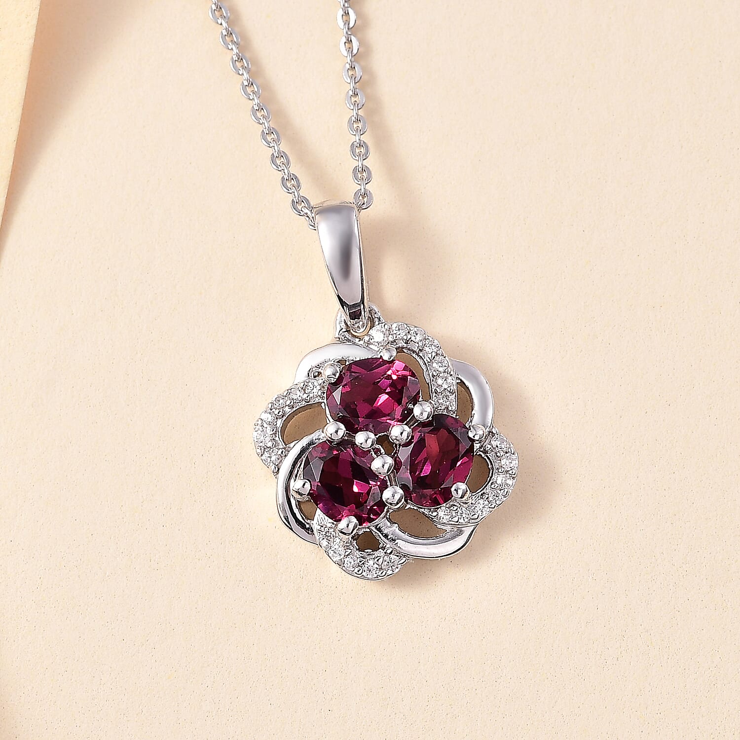 Orissa Natural Rhodolite Garnet & White Zircon Pendant with Chain (Size - 20) in Rhodium Overlay Sterling Silver 1.88 Ct.