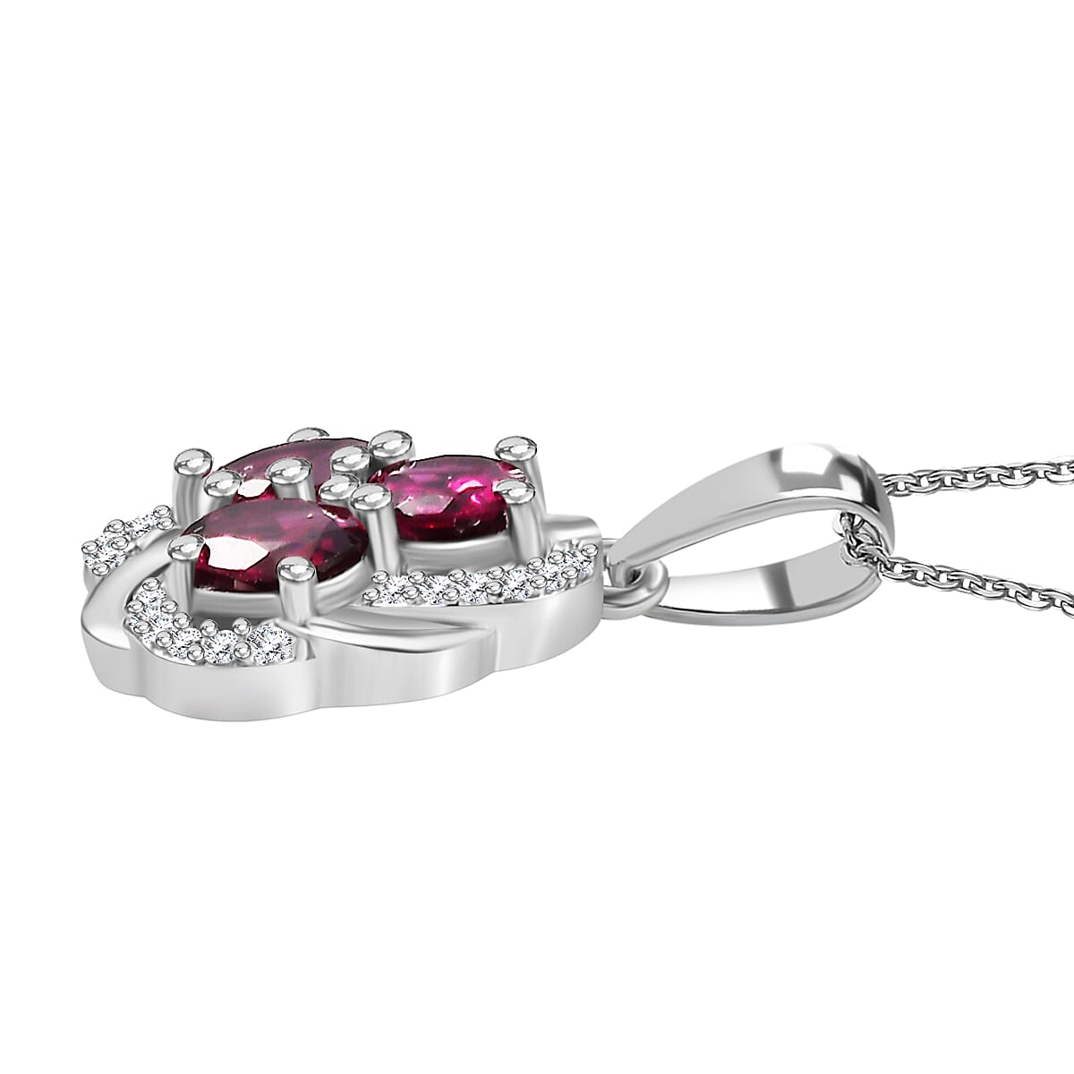 Orissa Natural Rhodolite Garnet & White Zircon Pendant with Chain (Size - 20) in Rhodium Overlay Sterling Silver 1.88 Ct.