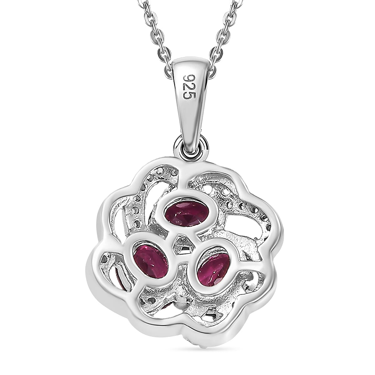 Orissa Natural Rhodolite Garnet & White Zircon Pendant with Chain (Size - 20) in Rhodium Overlay Sterling Silver 1.88 Ct.