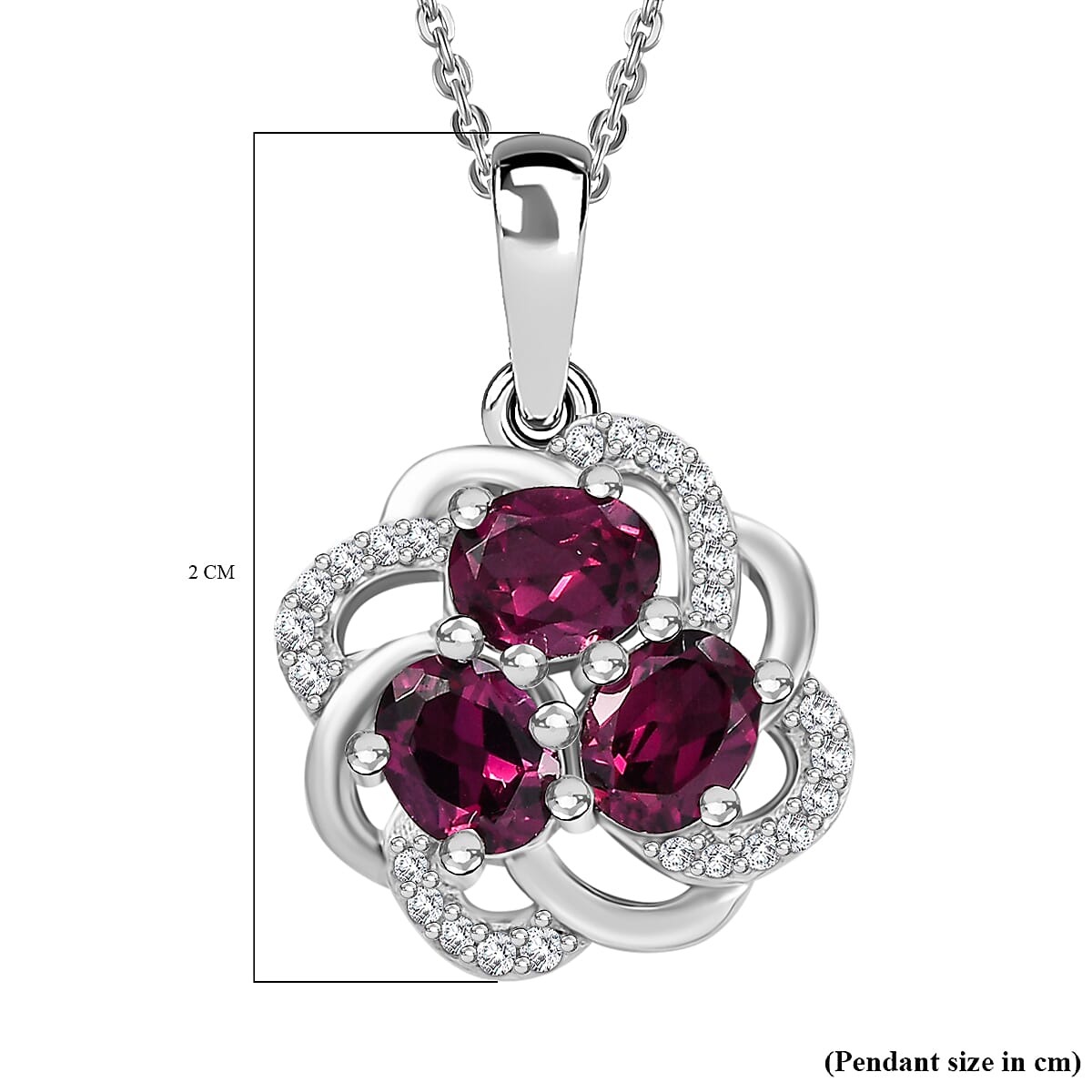 Orissa Natural Rhodolite Garnet & White Zircon Pendant with Chain (Size - 20) in Rhodium Overlay Sterling Silver 1.88 Ct.
