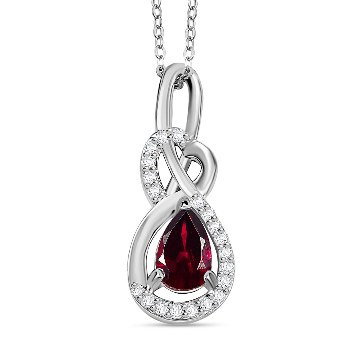 Orissa Natural Rhodolite Garnet & White Zircon Pendant with Chain (Size - 20) in Rhodium Overlay Sterling Silver