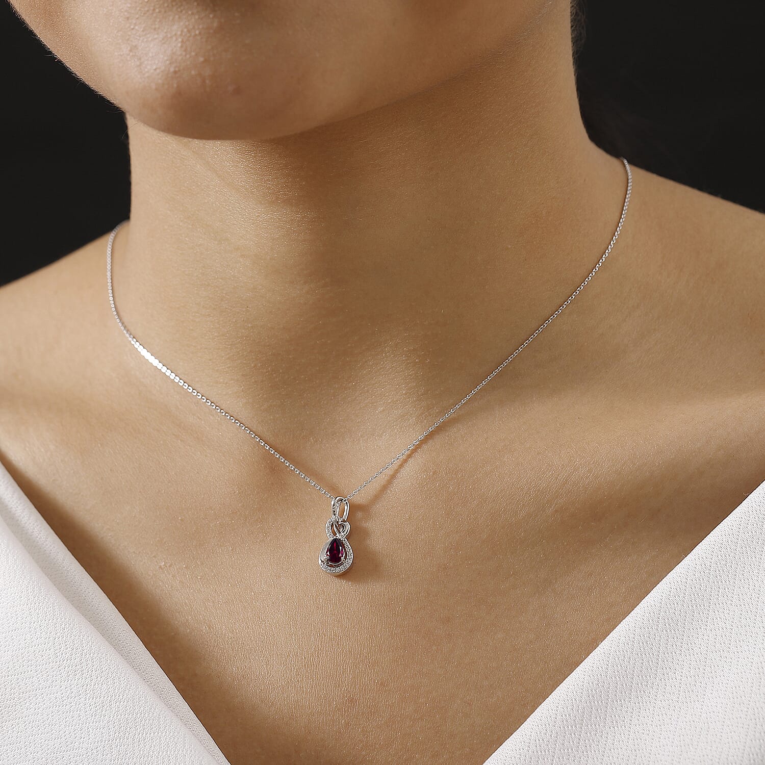 Orissa Natural Rhodolite Garnet & White Zircon Pendant with Chain (Size - 20) in Rhodium Overlay Sterling Silver