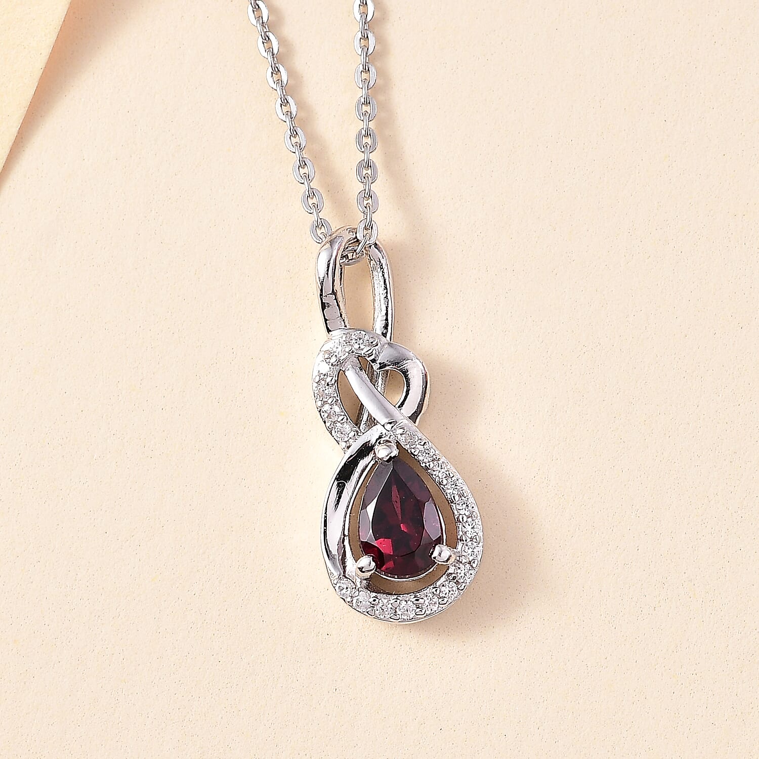 Orissa Natural Rhodolite Garnet & White Zircon Pendant with Chain (Size - 20) in Rhodium Overlay Sterling Silver