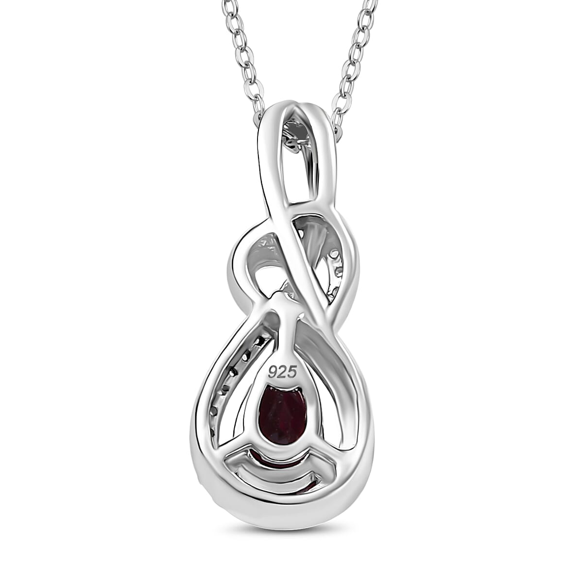 Orissa Natural Rhodolite Garnet & White Zircon Pendant with Chain (Size - 20) in Rhodium Overlay Sterling Silver