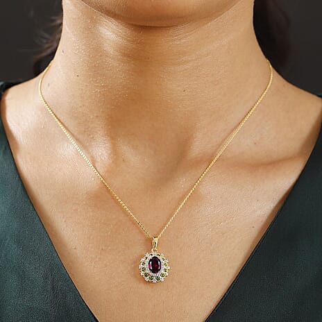 Rhodolite Garnet & White Zircon Pendant with Chain (Size - 20) in 18K Vermeil Yellow Gold Plated Sterling Silver 2.50 Ct.
