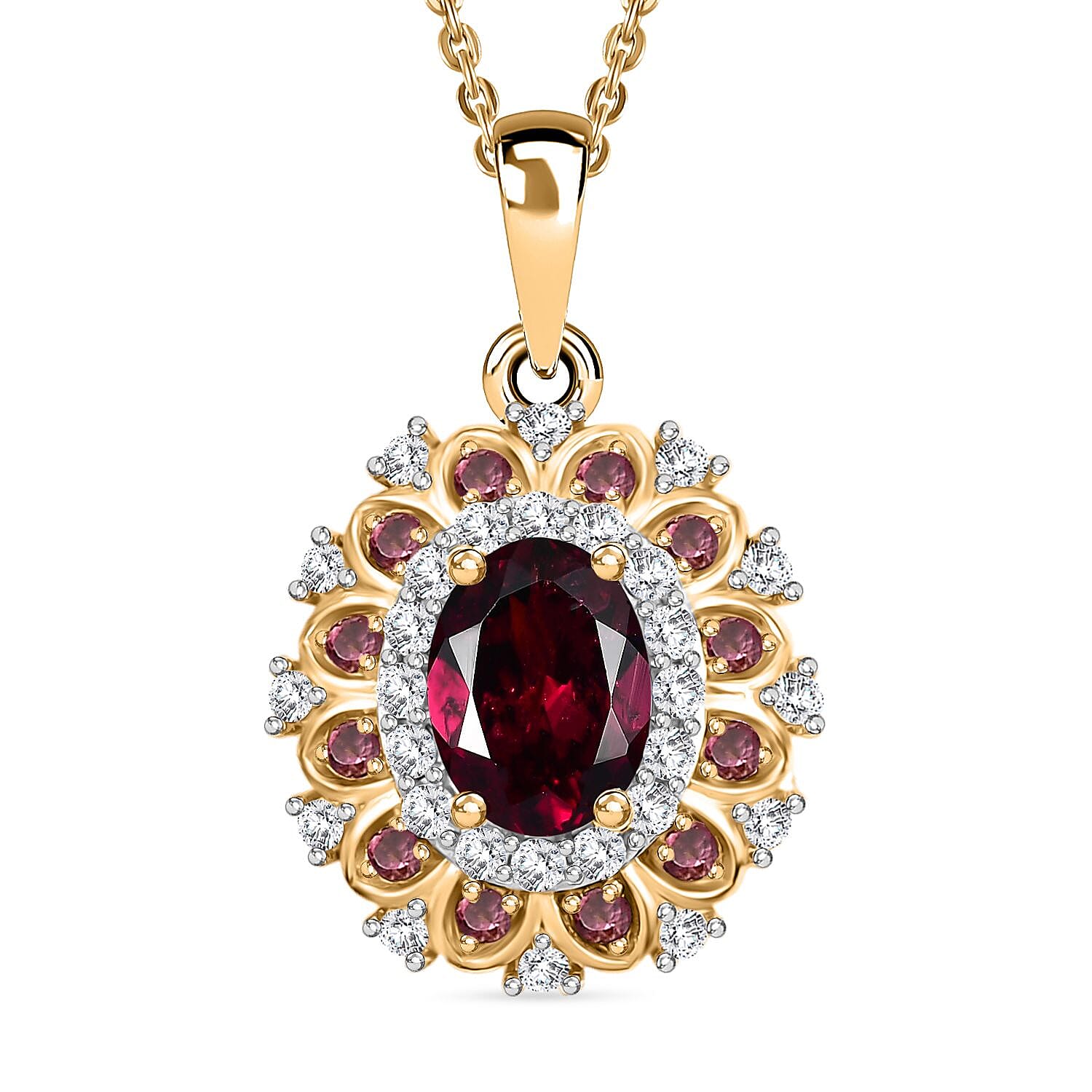 Rhodolite Garnet & White Zircon Pendant with Chain (Size - 20) in 18K Vermeil Yellow Gold Plated Sterling Silver 2.50 Ct.