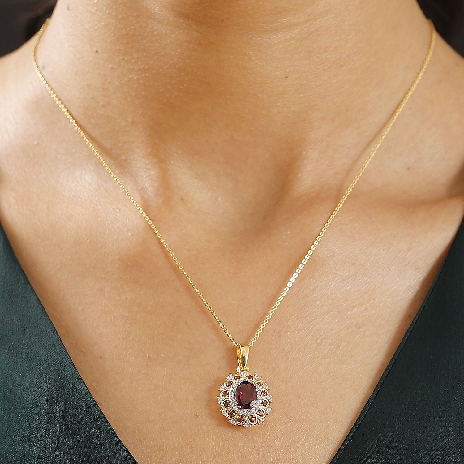 Rhodolite Garnet & White Zircon Pendant with Chain (Size - 20) in 18K Vermeil Yellow Gold Plated Sterling Silver 2.50 Ct.