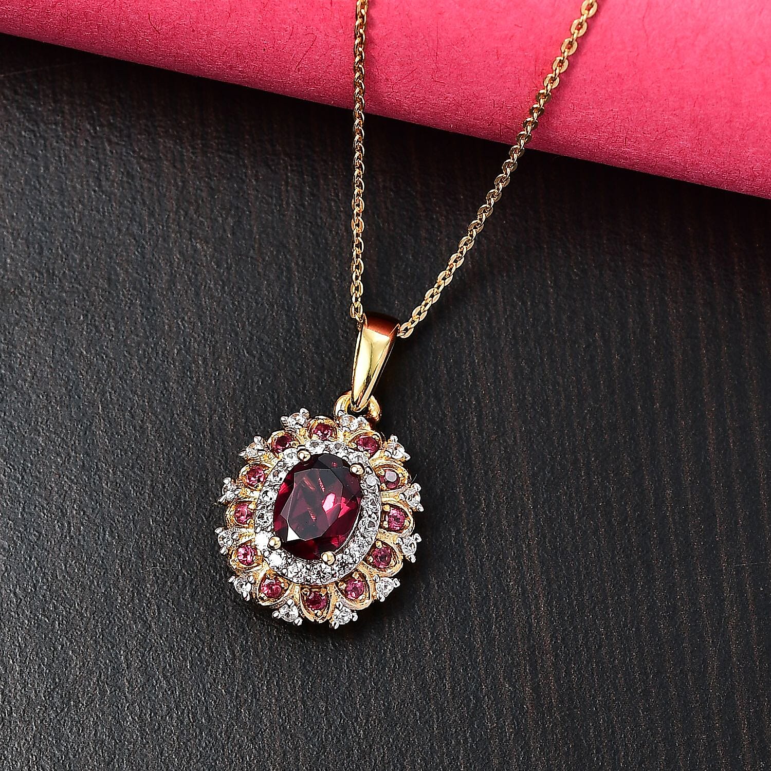 Rhodolite Garnet & White Zircon Pendant with Chain (Size - 20) in 18K Vermeil Yellow Gold Plated Sterling Silver 2.50 Ct.
