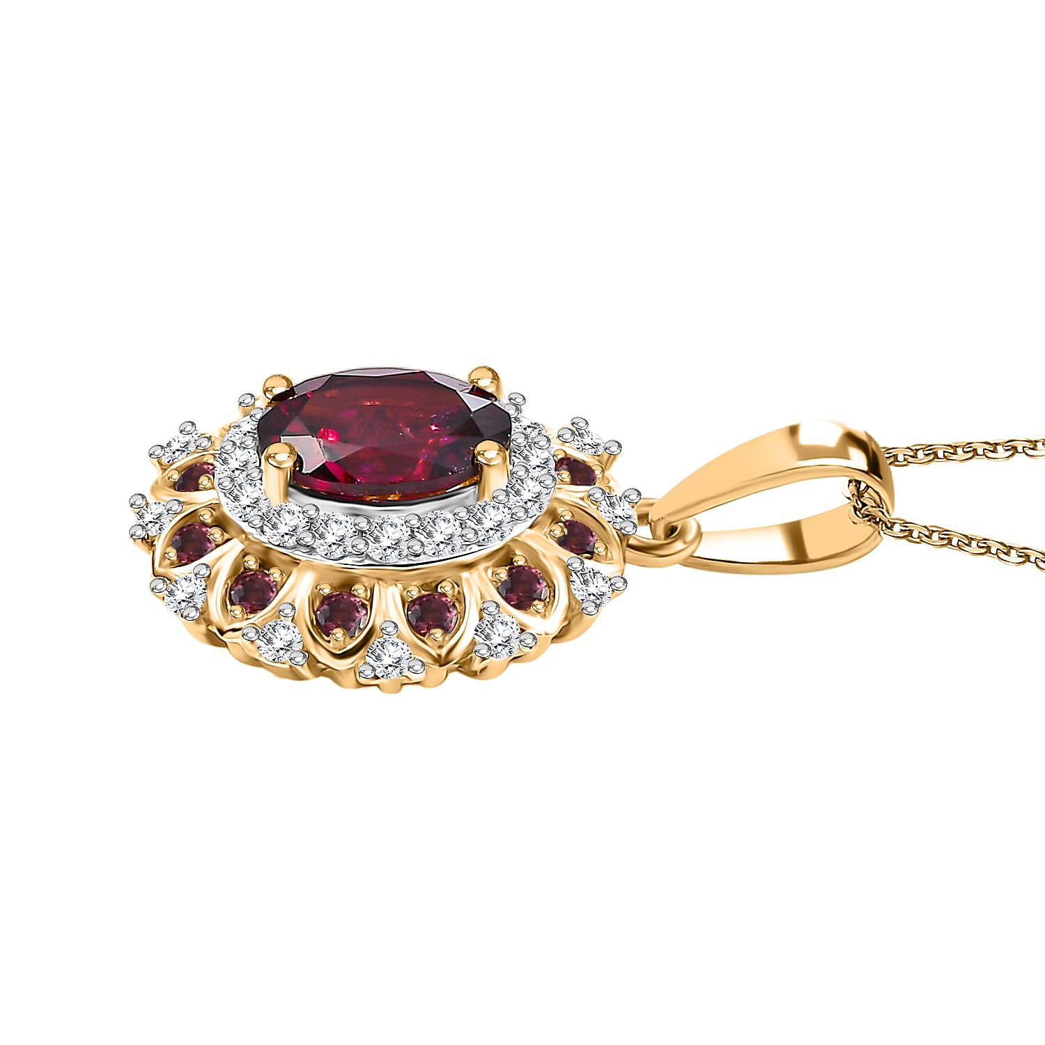 Rhodolite Garnet & White Zircon Pendant with Chain (Size - 20) in 18K Vermeil Yellow Gold Plated Sterling Silver 2.50 Ct.