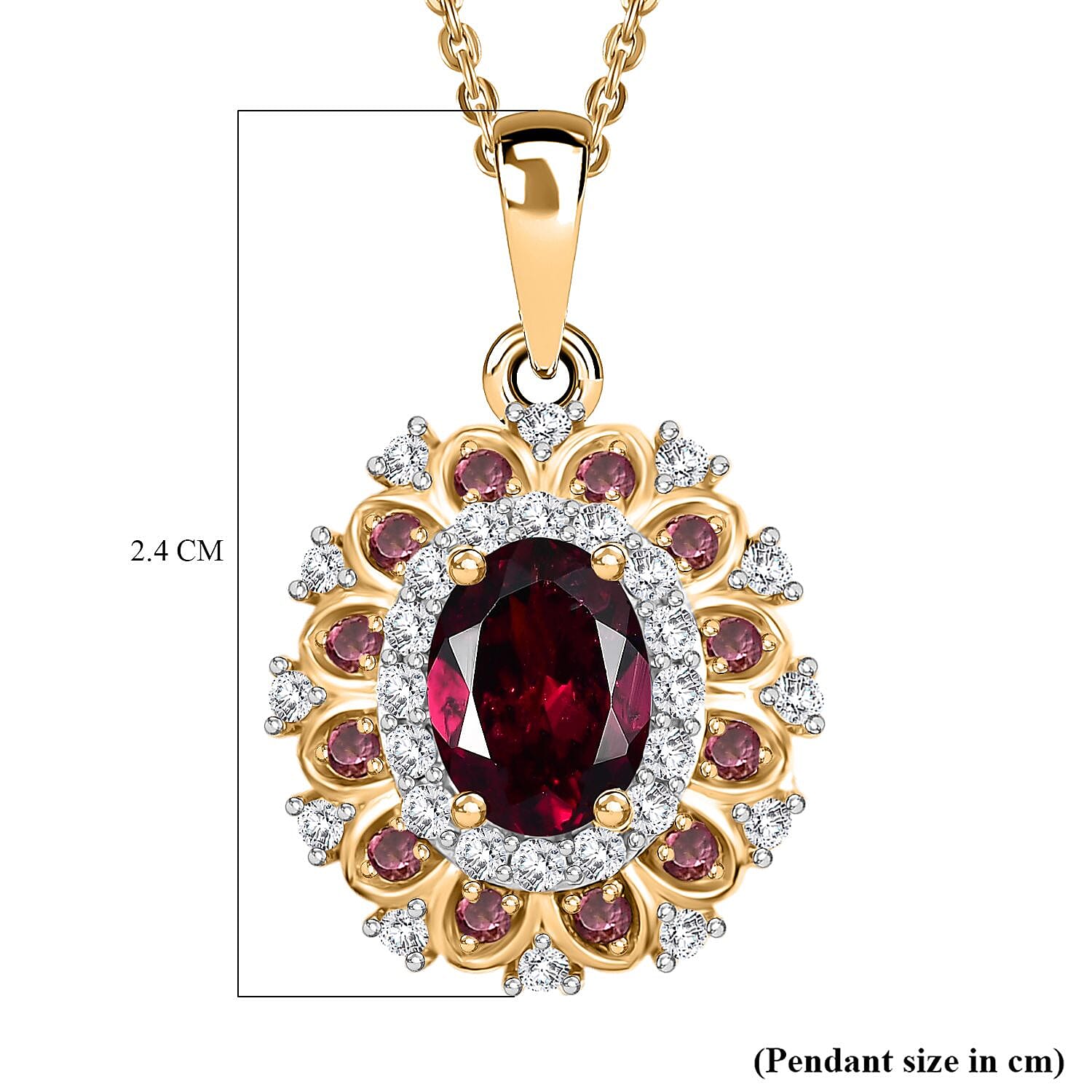Rhodolite Garnet & White Zircon Pendant with Chain (Size - 20) in 18K Vermeil Yellow Gold Plated Sterling Silver 2.50 Ct.