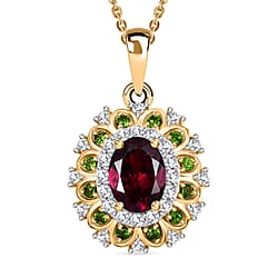 Rhodolite Garnet, White Zircon Halo Pendant with Chain (Size - 20) in 18K Vermeil Yellow Gold Plated Sterling Silver 2.50 Ct.