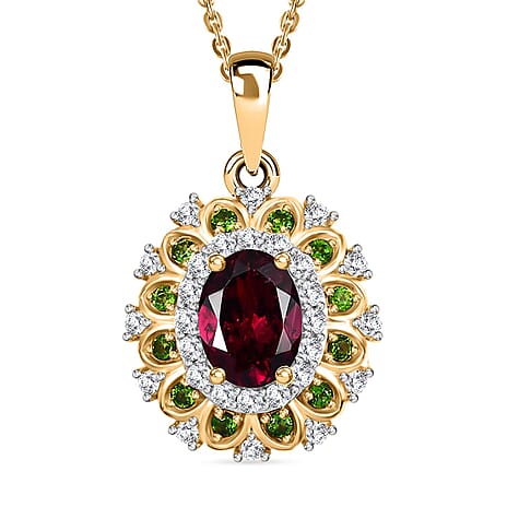 Rhodolite Garnet, Natural Chrome Diopside & White Zircon Pendant with Chain (Size - 20) in 18K Vermeil Yellow Gold Plated Sterling Silver 2.50 Ct.
