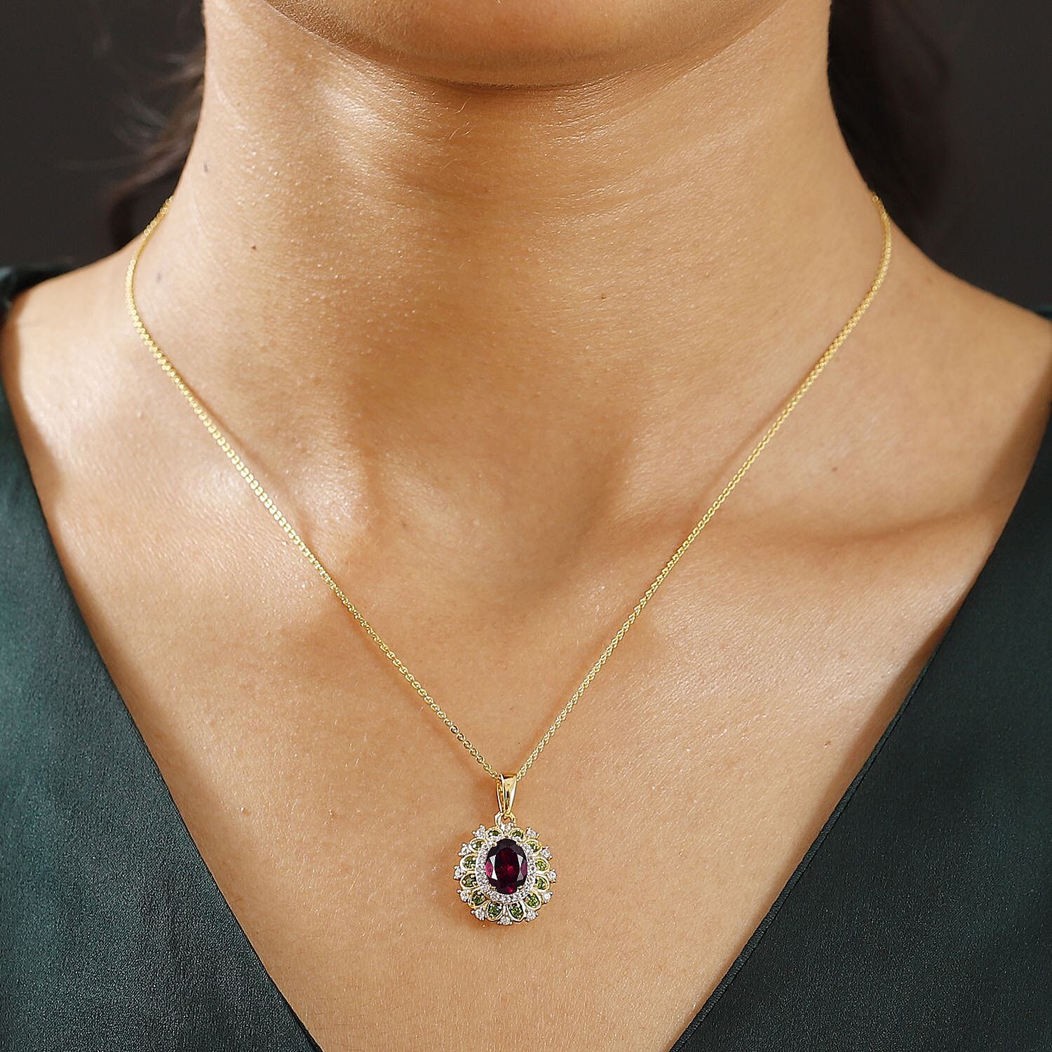 Rhodolite Garnet, Natural Chrome Diopside & White Zircon Pendant with Chain (Size - 20) in 18K Vermeil Yellow Gold Plated Sterling Silver 2.50 Ct.