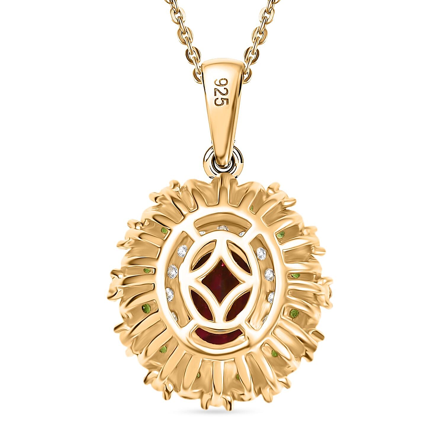 Rhodolite Garnet, Natural Chrome Diopside & White Zircon Pendant with Chain (Size - 20) in 18K Vermeil Yellow Gold Plated Sterling Silver 2.50 Ct.