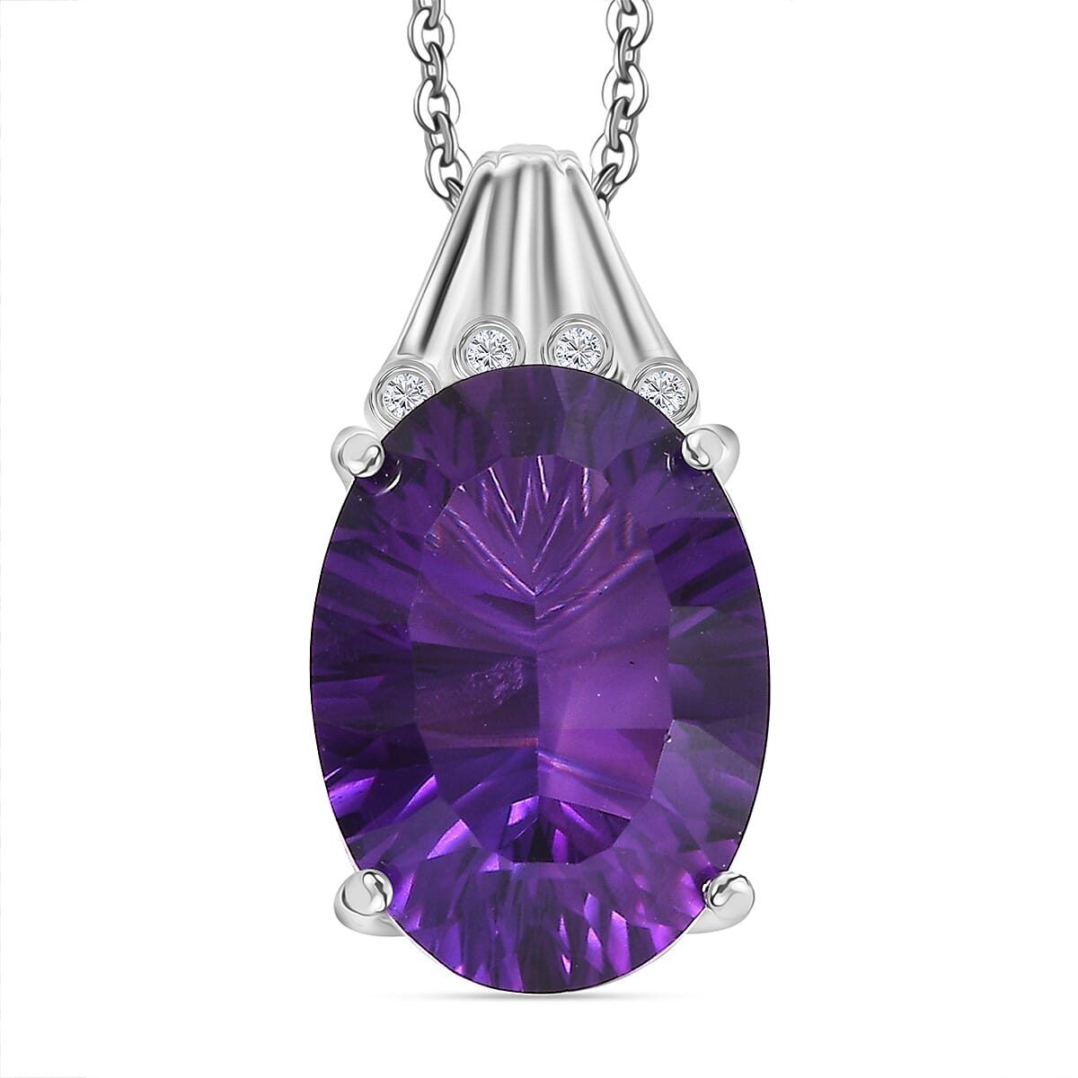Concave Cut Zambian Amethyst & White Zircon Pendant with Chain (Size - 20) in Rhodium Overlay Sterling Silver 11.81 Ct.