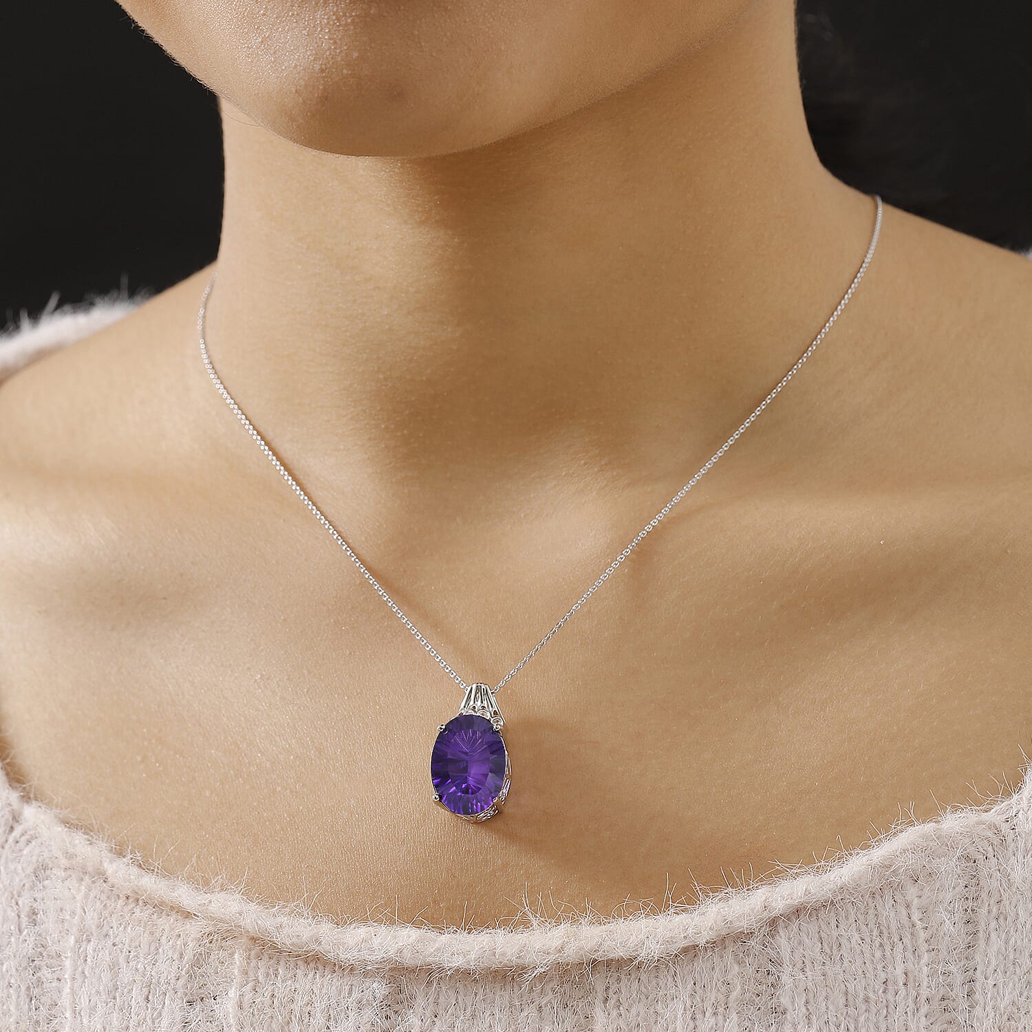 Concave Cut Zambian Amethyst & White Zircon Pendant with Chain (Size - 20) in Rhodium Overlay Sterling Silver 11.81 Ct.