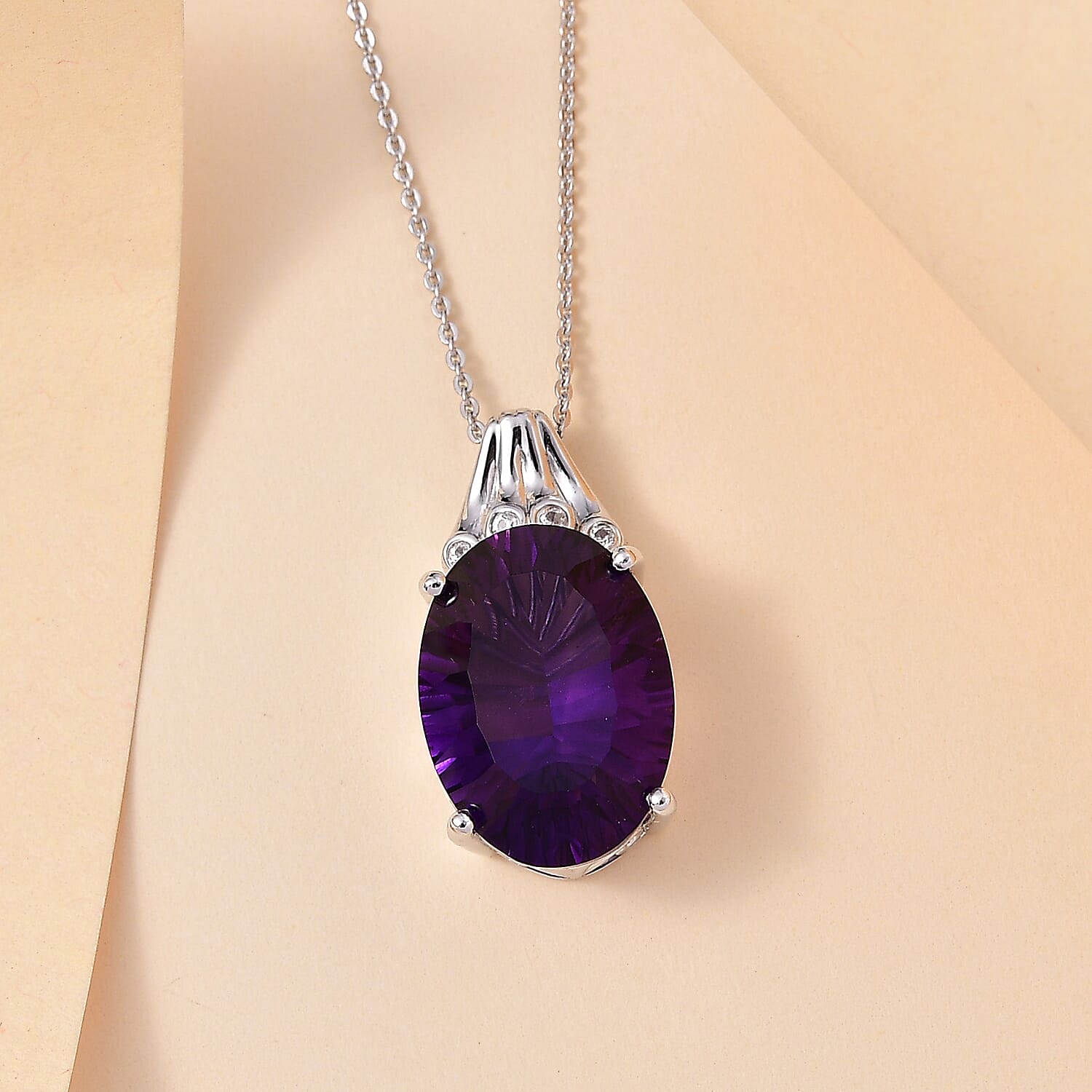 Concave Cut Zambian Amethyst & White Zircon Pendant with Chain (Size - 20) in Rhodium Overlay Sterling Silver 11.81 Ct.